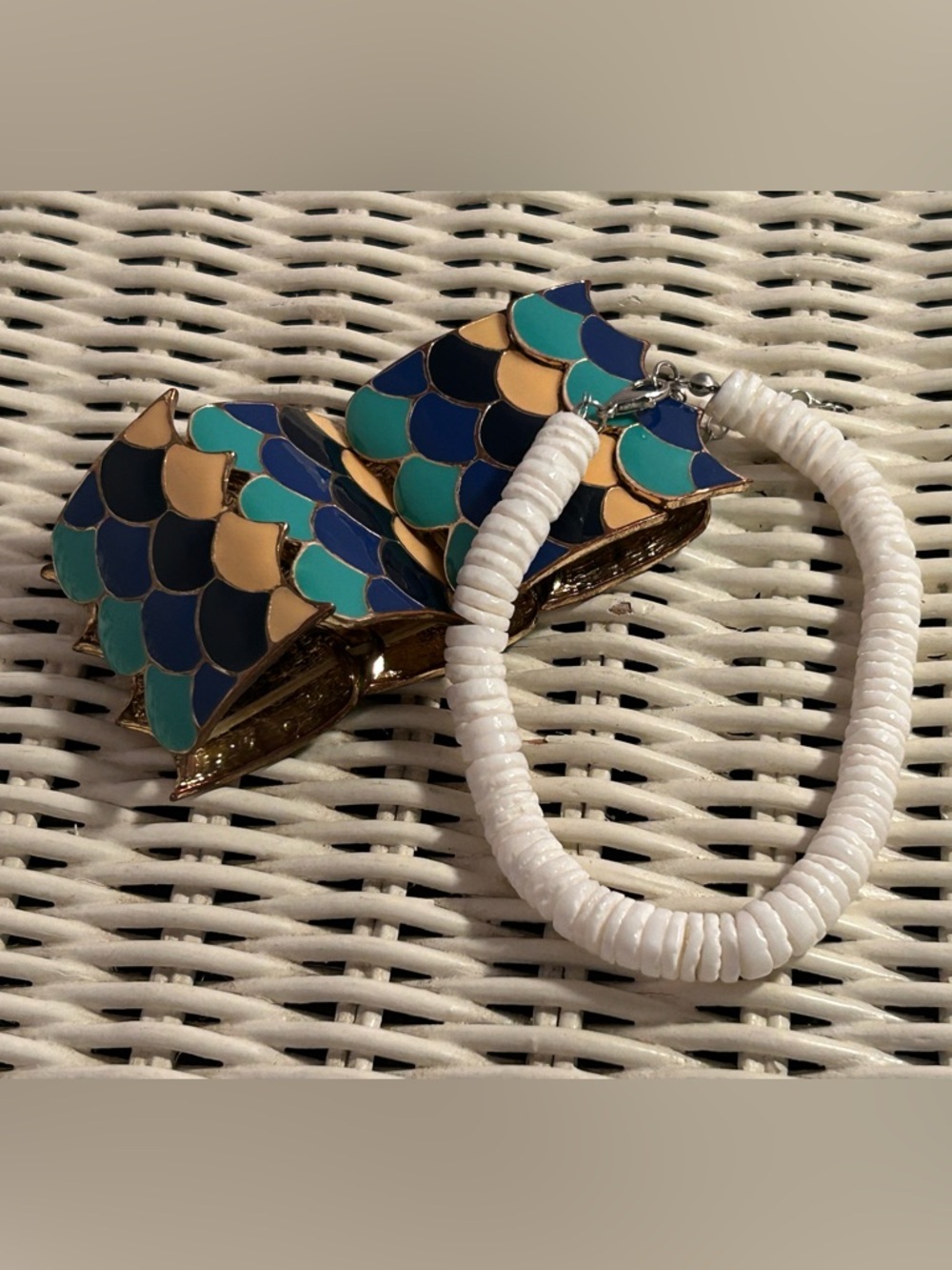 Vintage Y2K Mermaidcore Enamel Fish Scale Cuff & Shell Bead Bracelet Set